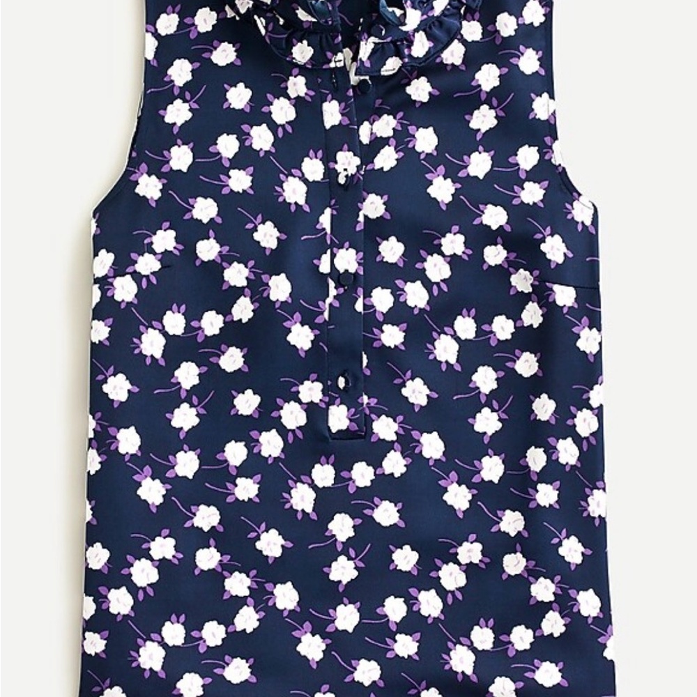 J. Crew Ruffleneck Navy Sleeveless Top in Scattered Peony Print